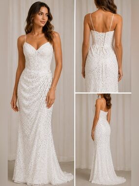 White Sequin Lace Corset Gown Ruched Formal Wedding Dress Size 10